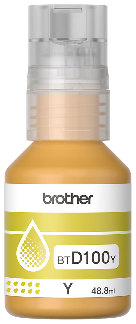 Botella de tinta amarilla original Brother BTD100Y para impresoras InkBenefit Tank.