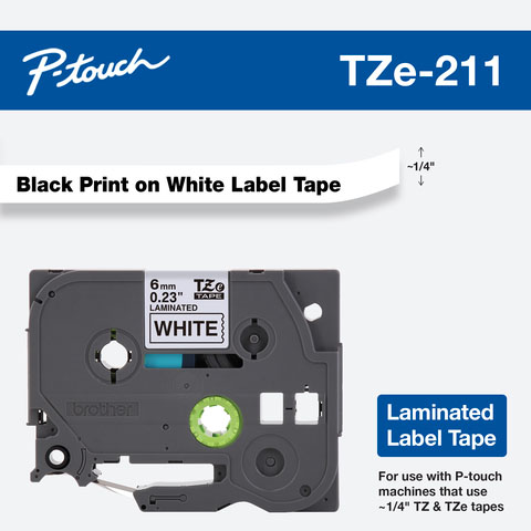 Gráfico oficial de la cinta laminada Brother TZe-211 con cassette de 6 mm y muestra de texto negro sobre fondo blanco.