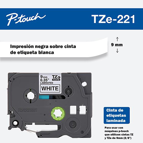 Envase oficial de la cinta laminada Brother TZe-221 de 9 mm, con texto negro sobre fondo blanco.