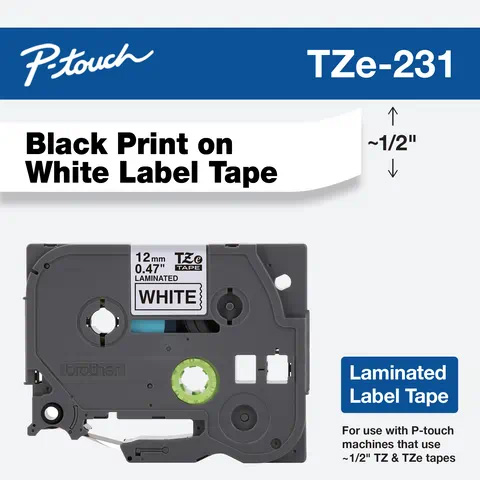 Cassette de cinta laminada Brother TZe-231 con texto negro sobre fondo blanco, de 12 mm × 8 m.