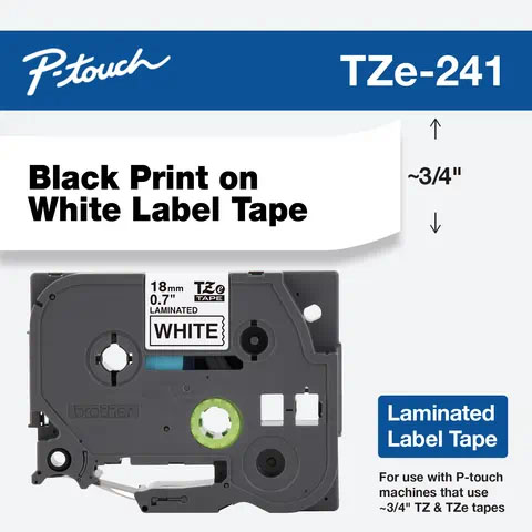 Cassette de cinta laminada Brother TZe-241 junto a una muestra de texto negro sobre fondo blanco, de 18 mm × 8 m.