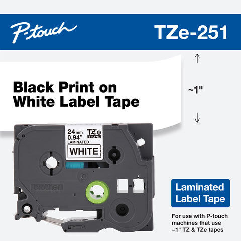 Gráfico oficial de la cinta laminada Brother TZe-251 con cassette de 24 mm y muestra de texto negro sobre fondo blanco.