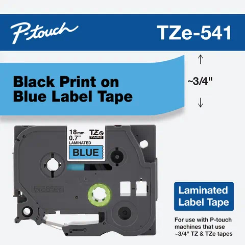 Gráfico oficial de la cinta laminada Brother TZe-541 con cassette de 18 mm y una muestra de texto negro sobre fondo azul.