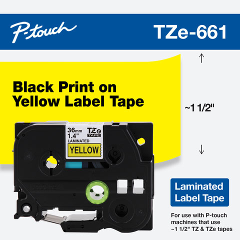 Gráfico oficial de la cinta laminada Brother TZe-661 con cassette de 36 mm y una muestra de texto negro sobre fondo amarillo.