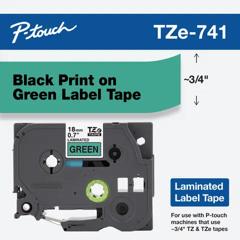 Gráfico oficial de la cinta laminada Brother TZe-741 con cassette de 18 mm y una muestra de texto negro sobre fondo verde.