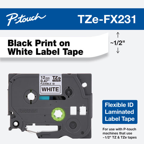 Cassette de cinta flexible laminada Brother TZe-FX231 con cinta blanca de 12 mm y carrete verde.