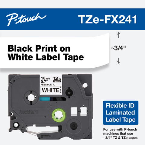 Gráfico oficial de la cinta flexible laminada Brother TZe-FX241 con cassette de 18 mm y muestra de texto negro sobre fondo blanco.