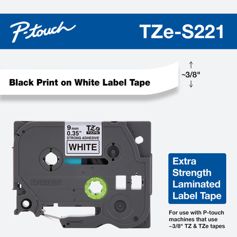 Gráfico oficial de la cinta laminada Brother TZe-S221 con cassette de 9 mm, texto negro sobre fondo blanco y adhesivo extrafuerte.