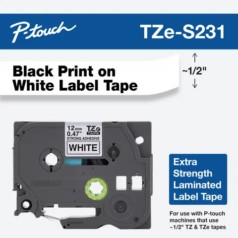 Cassette de cinta laminada Brother TZe-S231 con adhesivo extrafuerte, texto negro sobre fondo blanco y medidas de 12 mm × 8 m.