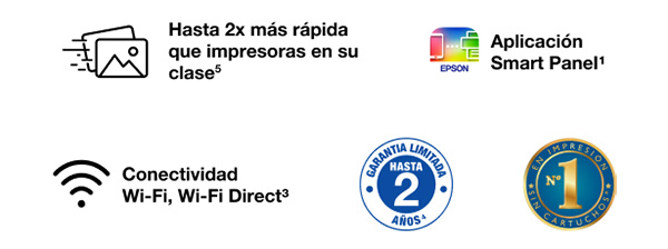 Iconos Impresora Fotográfica Inalámbrica Epson EcoTank L8050, Hasta 2x más rápida que las impresoras en su clase. aplicación Smart Panel. Conectividad Wi-Fi, Wi-Fi Direct. Hasta 2 años de garantía limitada. Epson Número 1 en impresión sin cartuchos