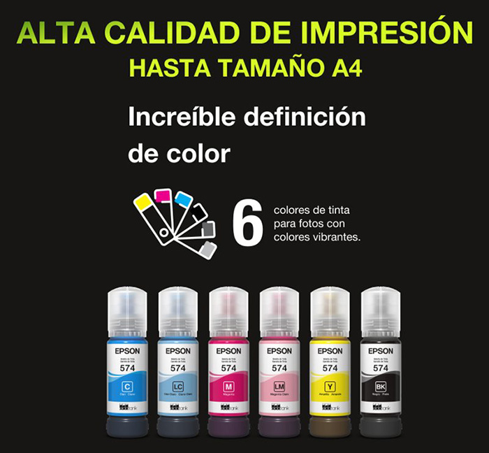 Alta Calidad de Impresión Hasta tamaño A4. Increíble definición de color, 6 colores de tinta para fotos con colores vibrantes