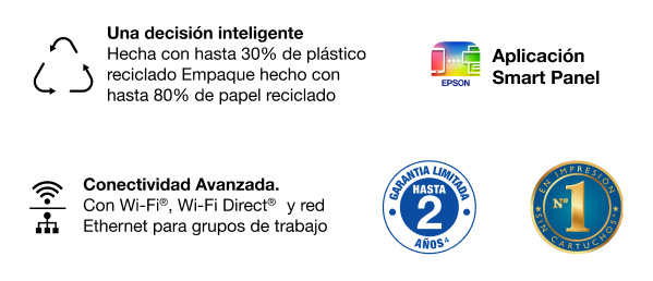 Iconos Impresora Multifuncional EcoTank L5590, Hecha con hasta un 30% de plástico reciclado y empaque Hecho con hasta un 80% de papel reciclado. Aplicación smart Panel. Conectividad avanzada, con Wi-Fi, Wi-Fi Direct y red Ethernet poara grupos de trabajo. Hasta 2 años de garantía limitada. Epson Número 1 en impresión sin cartuchos