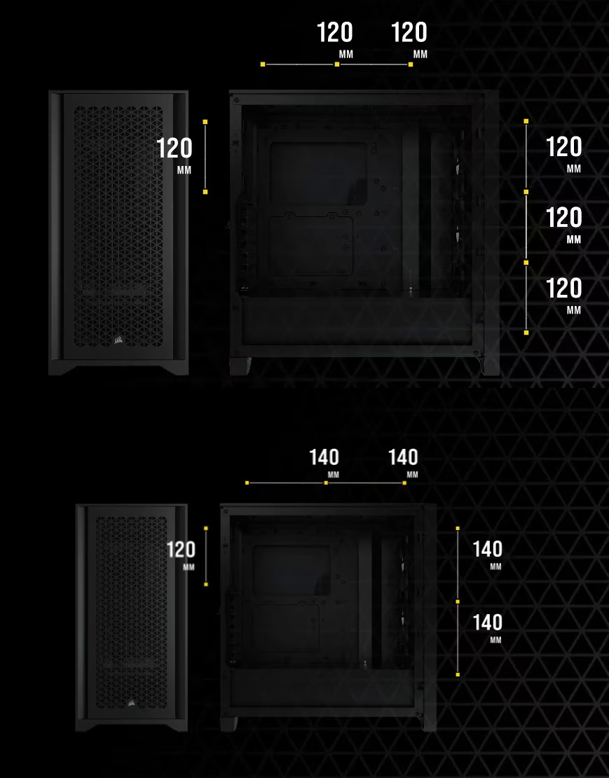 Gabinete Corsair 4000D AIRFLOW con detalle de la capacidad de ventiladores