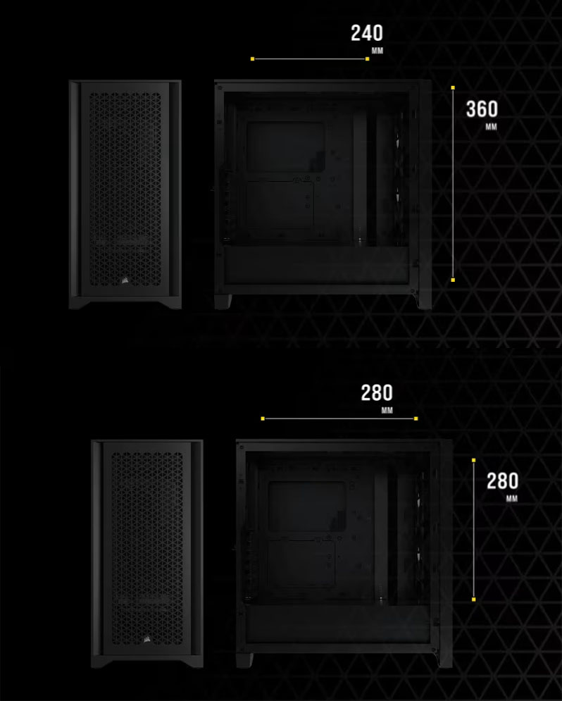 Gabinete Corsair 4000D AIRFLOW con detalle de la capacidad de RADIADORES
