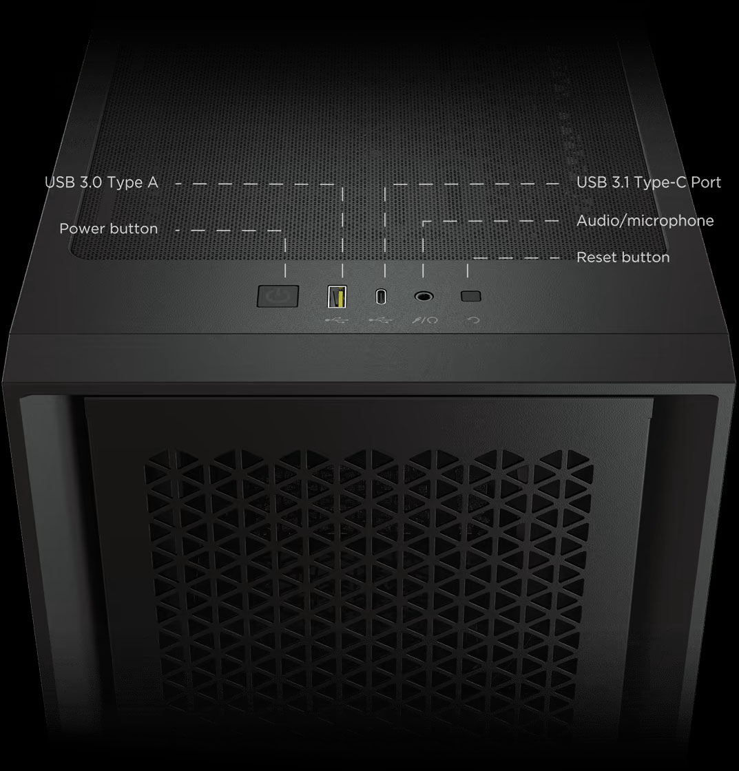 Imagen frontal del gabinete Corsair 4000D AIRFLOW, negro. Detallando las conexiones del panel frontal que incluye un puerto USB 3.1 tipo C, un puerto USB 3.0 y un conector de micrófono y audio.