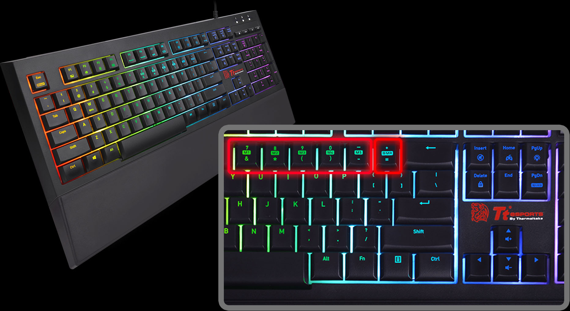 Teclado del Thermaltake Challenger Elite RGB Combo y detalle de las teclas con funciones Macros