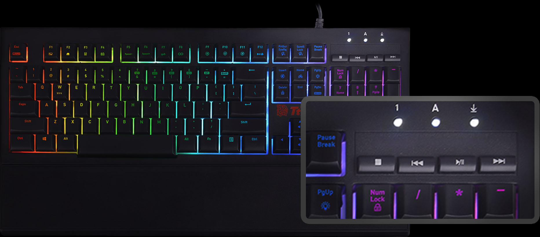 Teclado del Thermaltake Challenger Elite RGB Combo y detalle de los controles dedicados