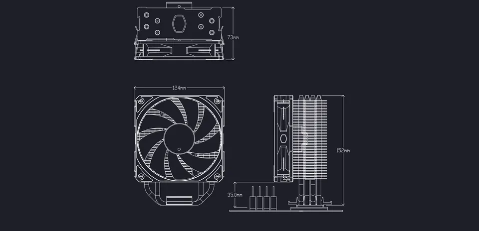 diagrama de dimensiones del Cooler para CPU Cooler Master Hyper 212 Spectrum V3