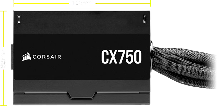 Vista lateral de la fuente Corsair CX Series™ CX750 - 750W 80 PLUS® Bronze, con detalle de las medidas: 125mm de largo, 86mm de alto.