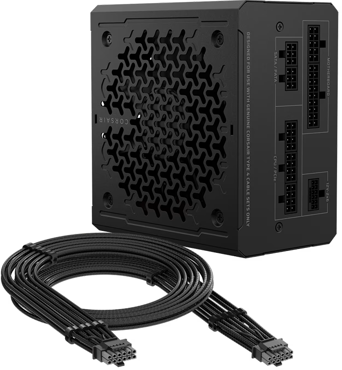 Fuente de alimentación Corsair RMe Series RM750e totalmente modular con diseño de rejilla en uno de sus laterales y conectores para motherboard, CPU/PCIe, SATA/PATA y 12V-2x6, acompañada por un juego de cables tipo 4 mallados en negro.