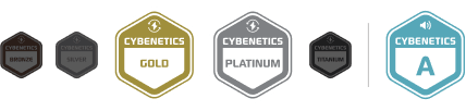 Insignias de certificación Cybenetics que indican niveles de eficiencia energética (Bronze, Silver, Gold, Platinum, Titanium) y nivel de ruido (A), utilizadas para clasificar fuentes de alimentación.
