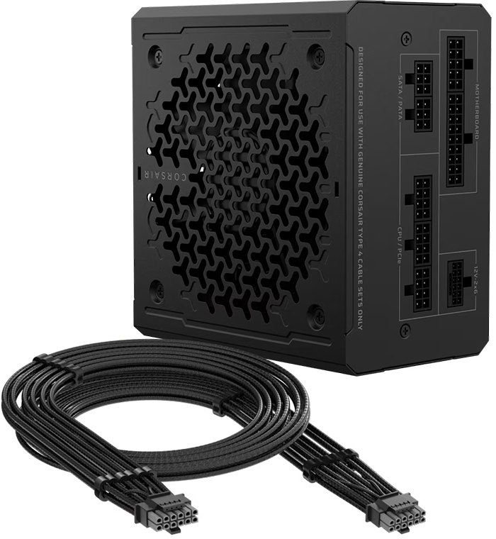 Fuente de alimentación Corsair RMe Series RM850e totalmente modular con diseño de rejilla en uno de sus laterales y conectores para motherboard, CPU/PCIe, SATA/PATA y 12V-2x6, acompañada por un juego de cables tipo 4 mallados en negro.