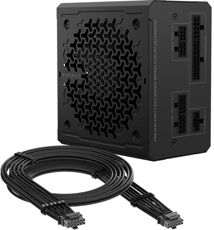 Fuente de alimentación Corsair RMe Series RM650e totalmente modular con diseño de rejilla en uno de sus laterales y conectores para motherboard, CPU/PCIe, SATA/PATA y 12V-2x6, acompañada por un juego de cables tipo 4 mallados en negro.