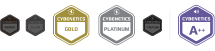 Insignias de certificación Cybenetics que indican niveles de eficiencia energética (Bronze, Silver, Gold, Platinum, Titanium) y nivel de ruido (A++), utilizadas para clasificar fuentes de alimentación.