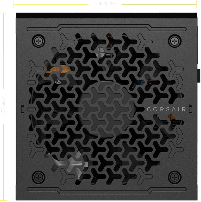 Fuente Modular Corsair RMe Series RM650e con detalle de medidas: 140mm x 150mm