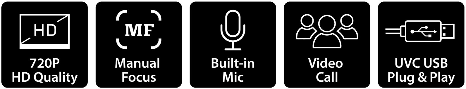 Cinco íconos en blanco y negro mostrando características de la webcam: 720P HD Quality, Manual Focus, Built-in Mic, Video Call y UVC USB Plug & Play