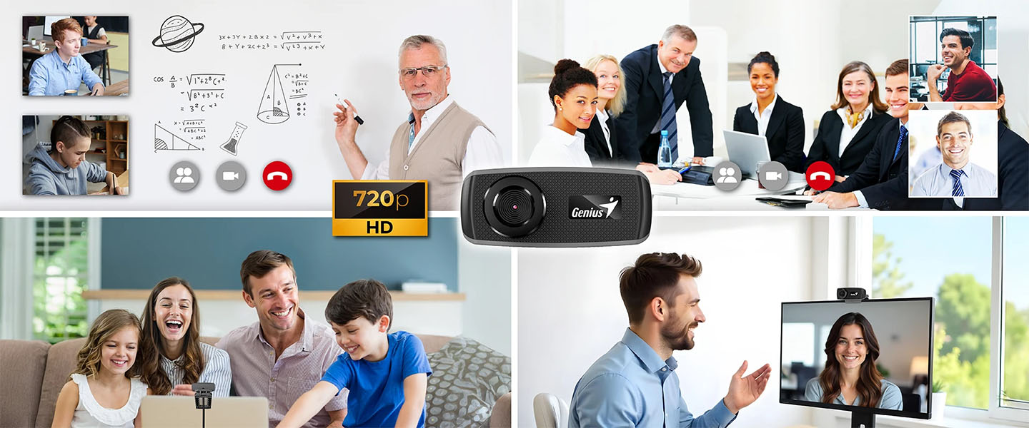 Cuatro escenas de uso de la webcam Genius FaceCam 1000X: arriba a la izquierda un profesor dando clase virtual y dos estudiantes, arriba a la derecha una reunión virtual de negocios, abajo a la izquierda una familia haciendo una videollamada y abajo a la derecha dos personas en una videollamada de trabajo