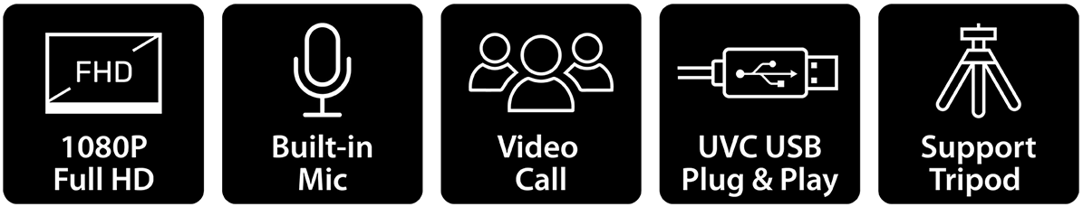 Íconos de las características de la cámara web Genius FaceCam 2000X2: 1080P Full HD, Micrófono Incorporado, Videollamada, USB UVC Conectar y Usar, y Soporte para Trípode