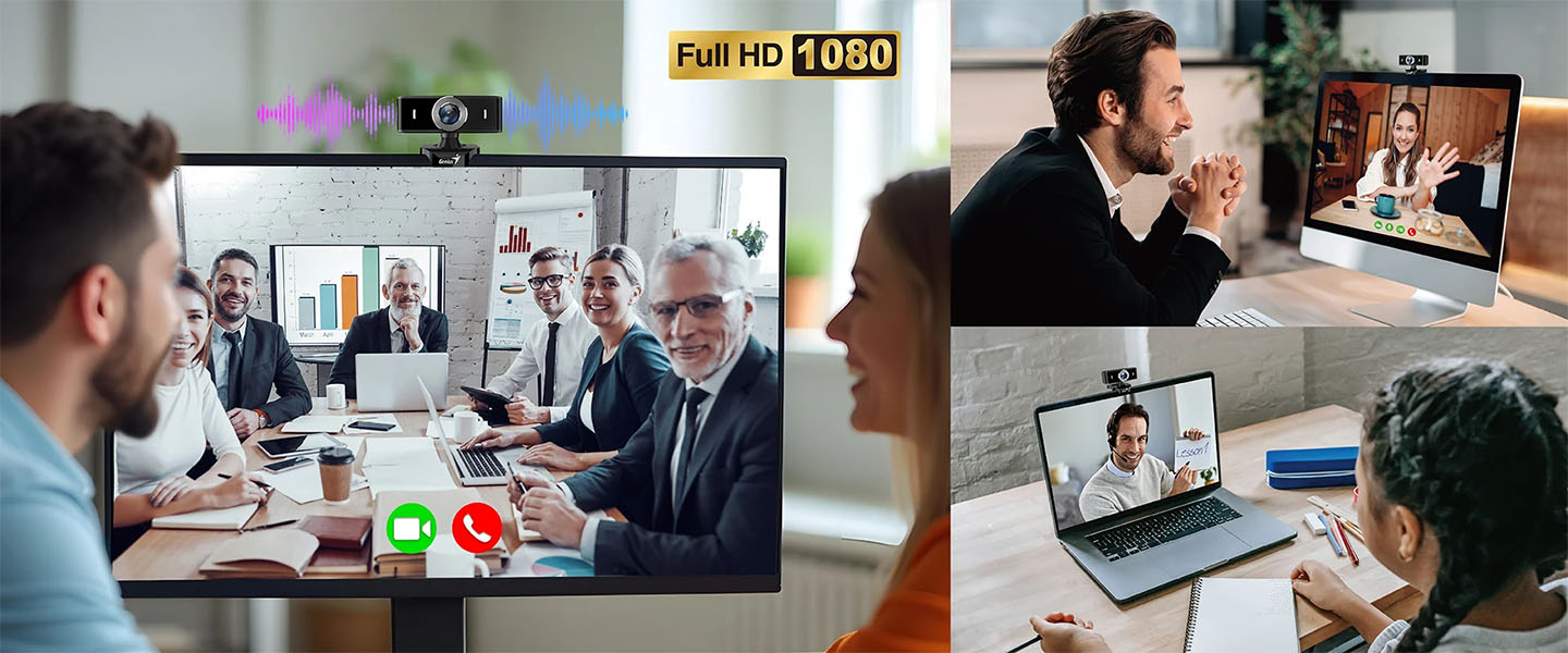 Múltiples escenarios de uso de la cámara web Genius FaceCam 2000X2 con calidad Full HD 1080P: una reunión de negocios virtual en un monitor, un joven en una videollamada de trabajo en un monitor más pequeño, y una joven tomando una clase virtual con un profesor en su computadora portátil.