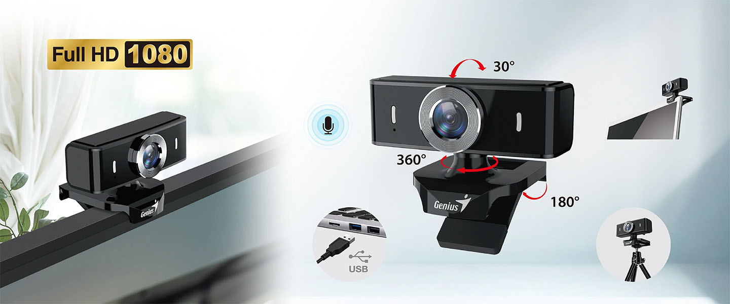 Imágenes de la cámara web Genius FaceCam 2000X2 resaltando su versatilidad y características: colocada en el borde de un monitor, detalles de su micrófono incorporado, cable USB, rotación de 360 grados, inclinación de 180 y 30 grados, y su uso montada en un trípode