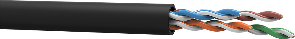 Detalle del cable negro Furukawa Cat.5e con los pares internos de conductores aislados trenzados visibles.