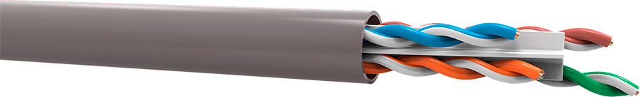 Detalle del cable gris Furukawa Cat.6 con pares internos y separador integrado visibles.