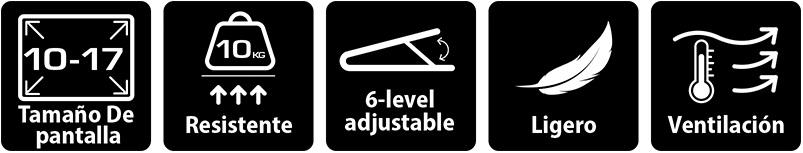 Cinco íconos de características del G-Stand M200: Tamaño de pantalla (10 a 17 pulgadas), Resistente (hasta 10 KG), Ajustable en 6 niveles, Ligero y Ventilación.