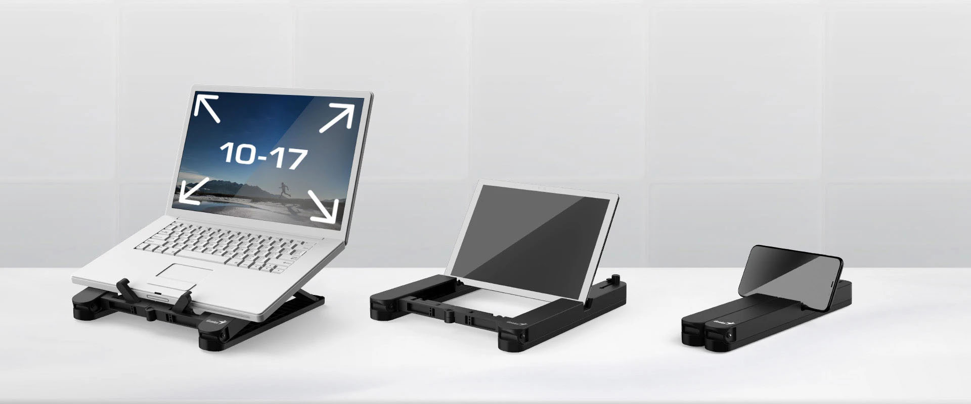 El soporte G-Stand M200 mostrado en tres posiciones: extendido con una notebook (tamaño 10-17), en otra inclinación con una tablet, y completamente plegado con un smartphone.