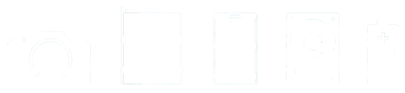 Iconos en blanco y negro de: Cámara de fotos, Tablet, Teléfono Inteligente, HDD y Batería