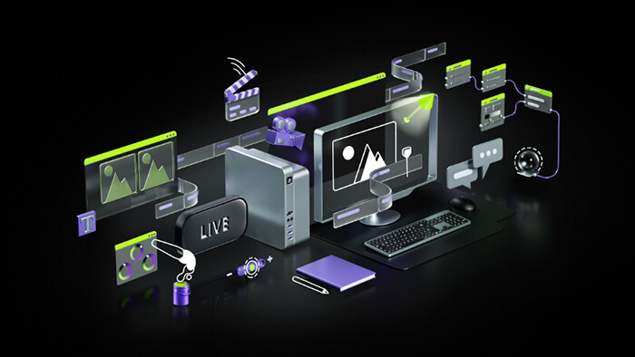 ELEVA TU CREATIVIDAD - Ilustración de un equipo desktop y varios accesorios
