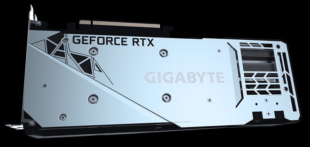 parte posterior de la placa de video GeForce RTX™ 3070 GAMING OC 8G, mostrando la PLACA DE PROTECCIÓN TRASERA DE METAL