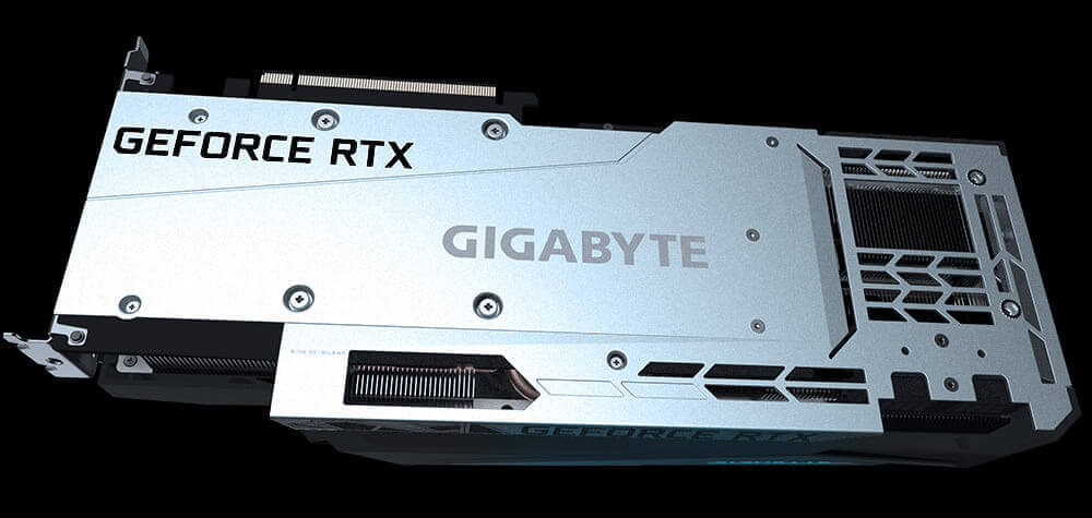 parte posterior de la placa de video Gigabyte GeForce RTX™ 3080 GAMING OC 12G, mostrando la PLACA DE PROTECCIÓN TRASERA DE METAL