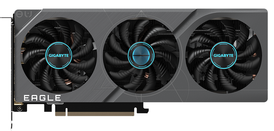 plano de frente de la placa de video Gigabyte GeForce RTX™ 4060 Ti EAGLE OC 8G, mostrando los 3 ventiladores del sistema de refrigeración Windforce