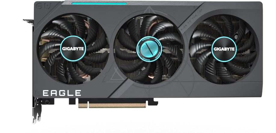 plano de frente de la placa de video Gigabyte GeForce RTX™ 4070 EAGLE OC 12G, mostrando los 3 ventiladores del sistema de refrigeración Windforce