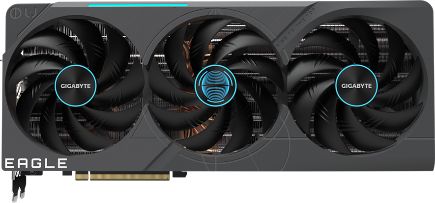 plano de frente de la placa de video Gigabyte GeForce RTX™ 4080 16GB EAGLE OC, mostrando los 3 ventiladores del sistema de refrigeración Windforce