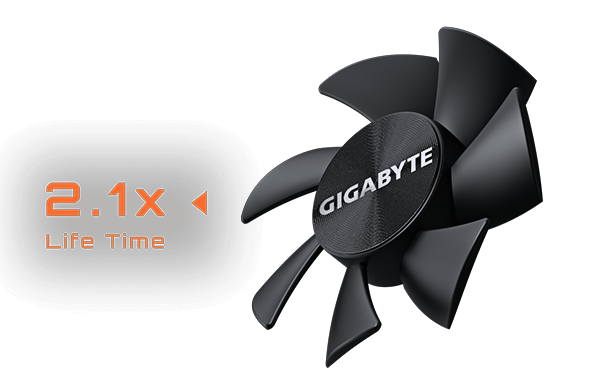 Ventilador GIGABYTE con texto 2.1x Life Time sobre fondo negro