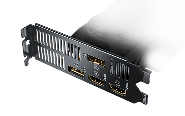 Panel de salidas de la GPU GIGABYTE con cuatro puertos de video y ranuras de ventilación en el bracket