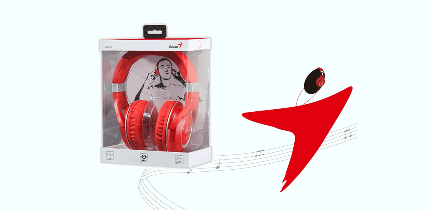 La imagen muestra unos auriculares Genius HS-610 rojos en su empaque original. El empaque es transparente en la parte frontal, permitiendo ver los auriculares en su interior. En la parte superior del empaque se puede ver el logo de la marca Genius. A la derecha de la imagen, hay un gráfico de un auricular rojo y negro con una nota musical, lo que sugiere que los auriculares están diseñados para una experiencia musical.