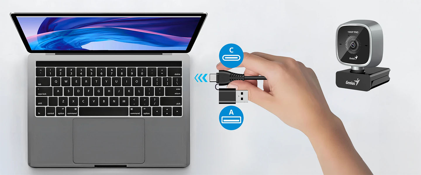 Conexión de la webcam Genius FaceCam 2010 a una notebook mediante conectores USB-C y USB-A