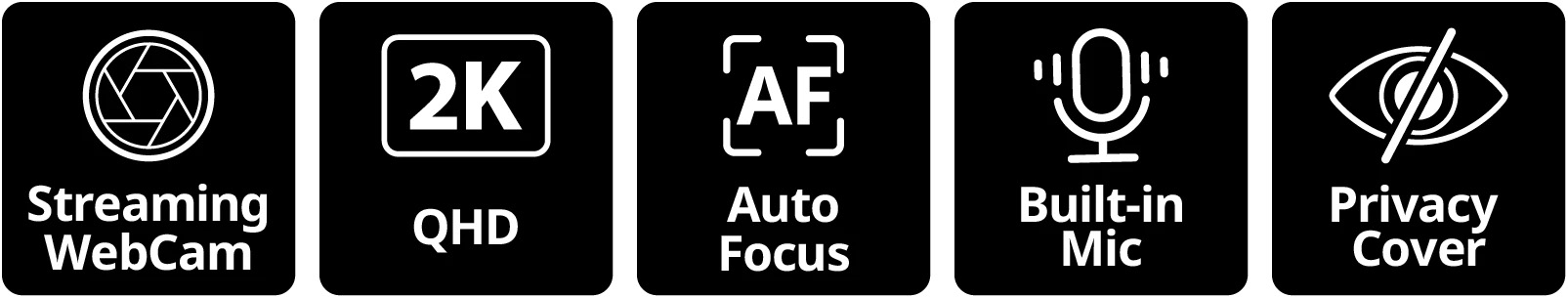 Íconos de funciones de lawebcam para streaming Genius FaceCam 3000AF, resolución 2K QHD, auto focus, micrófono integrado y cubierta de privacidad